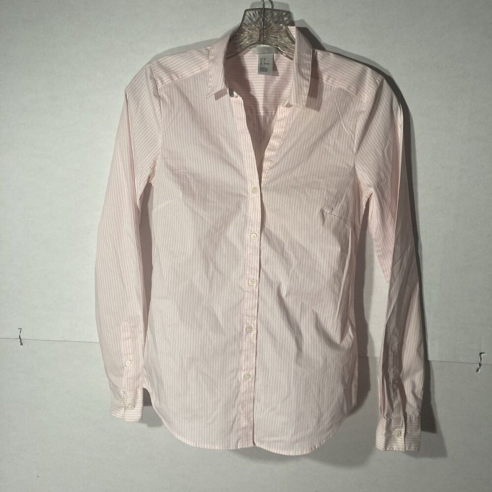 H&M white pink striped collared long button cuff sleeves button up top 2
